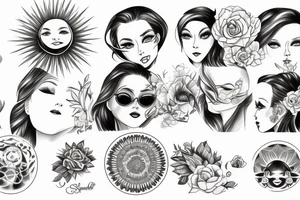Sun with a beautiful female face, sun rays, circle tattoo idea