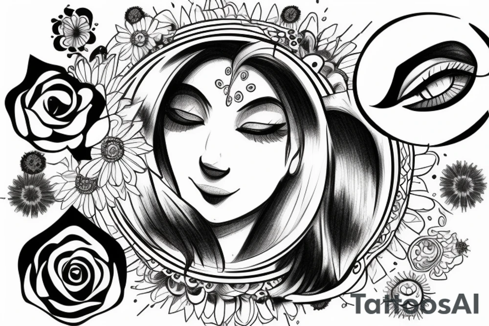 Sun with a beautiful female face, sun rays, circle tattoo idea