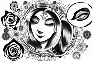 Sun with a beautiful female face, sun rays, circle tattoo idea