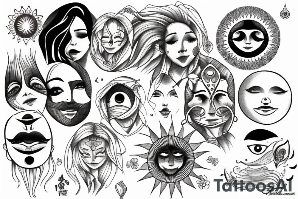 Sun with a female face, sun rays, circle tattoo idea