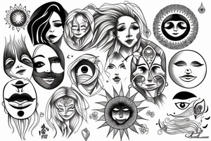 Sun with a female face, sun rays, circle tattoo idea