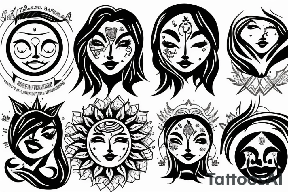 Sun with a female face, sun rays, circle tattoo idea