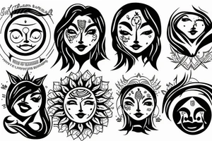 Sun with a female face, sun rays, circle tattoo idea