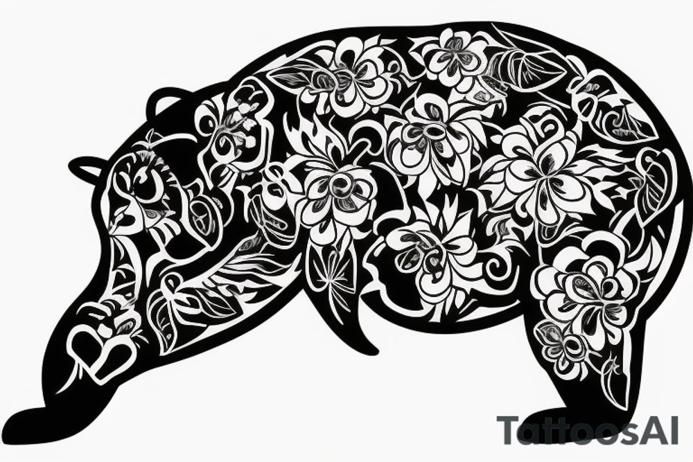 Bear with bees and flowers on the black background tattoo idea