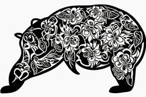 Bear with bees and flowers on the black background tattoo idea