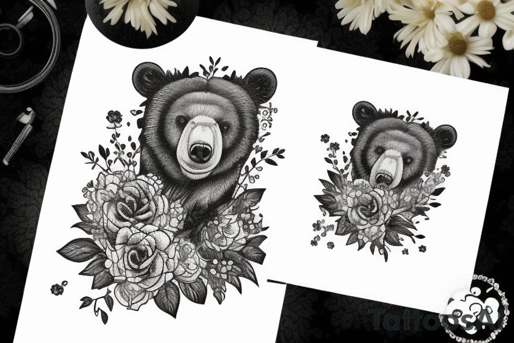 Bear with bees and flowers on the black background tattoo idea Bear with bees and flowers on the black background tattoo idea