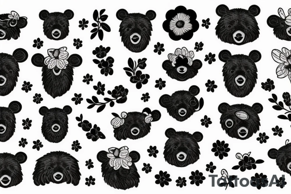 Bear with bee and flowers on the black background tattoo idea