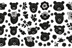 Bear with bee and flowers on the black background tattoo idea