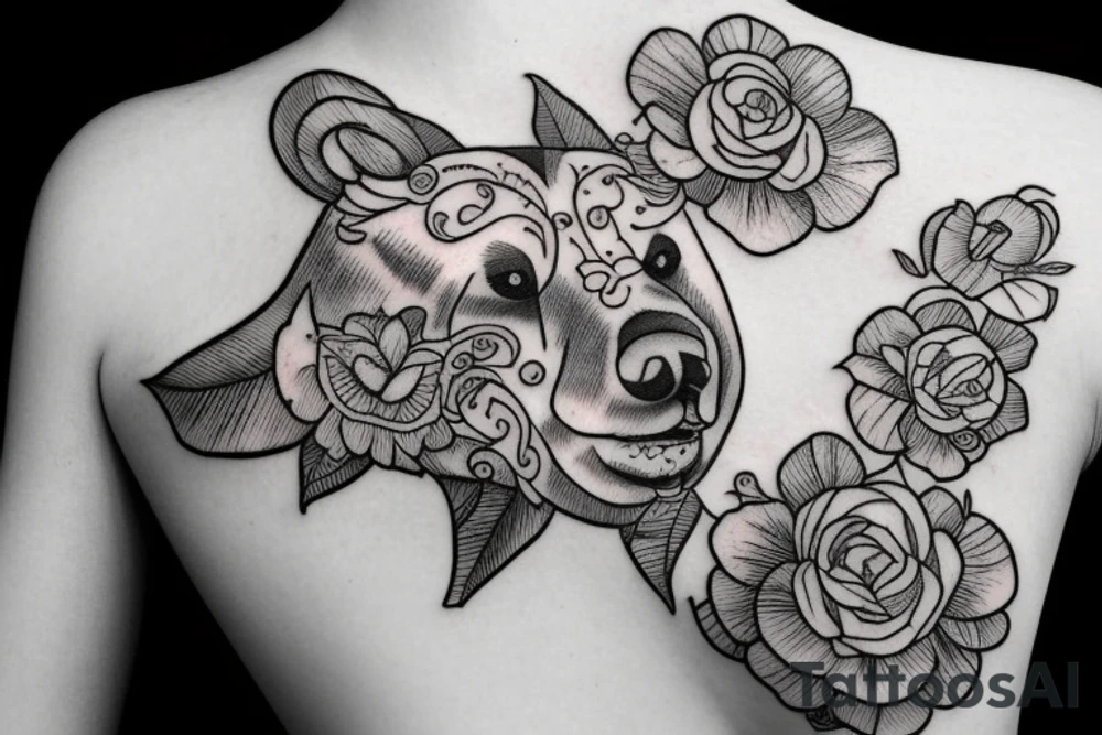 Bear with bee and flowers tattoo idea