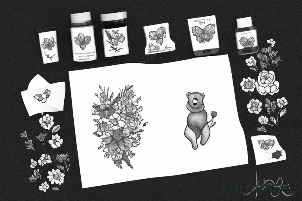 Bear with bee and flowers tattoo idea