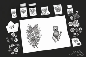 Bear with bee and flowers tattoo idea