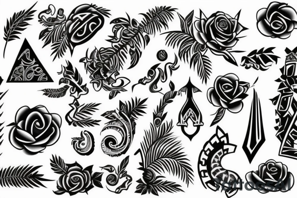 Polynesian tribal with black and grey rose tattoo idea