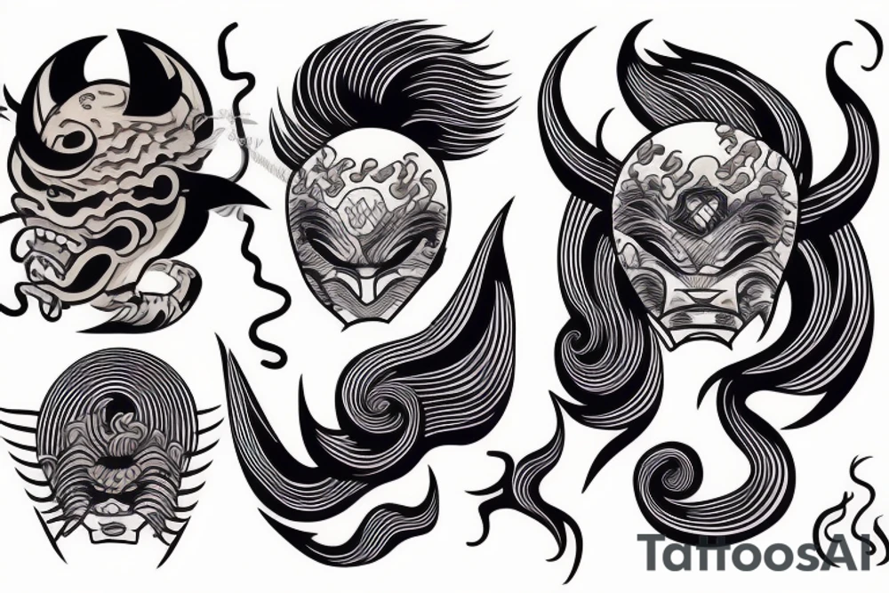 oni mask mixed with hokusai waves tattoo idea