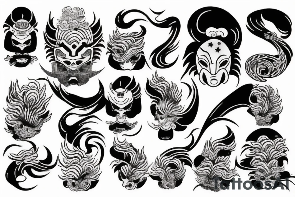 oni mask mixed with hokusai waves tattoo idea