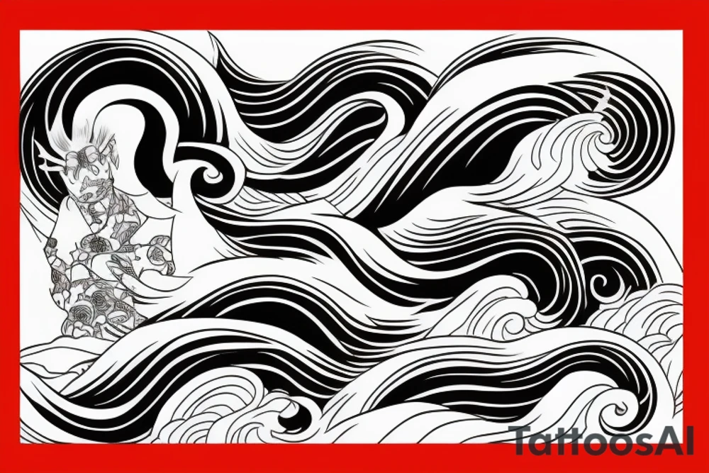 oni mask mixed with hokusai waves tattoo idea