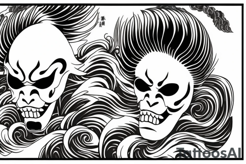shinigami mask mixed with hokusai waves tattoo idea