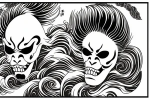 shinigami mask mixed with hokusai waves tattoo idea