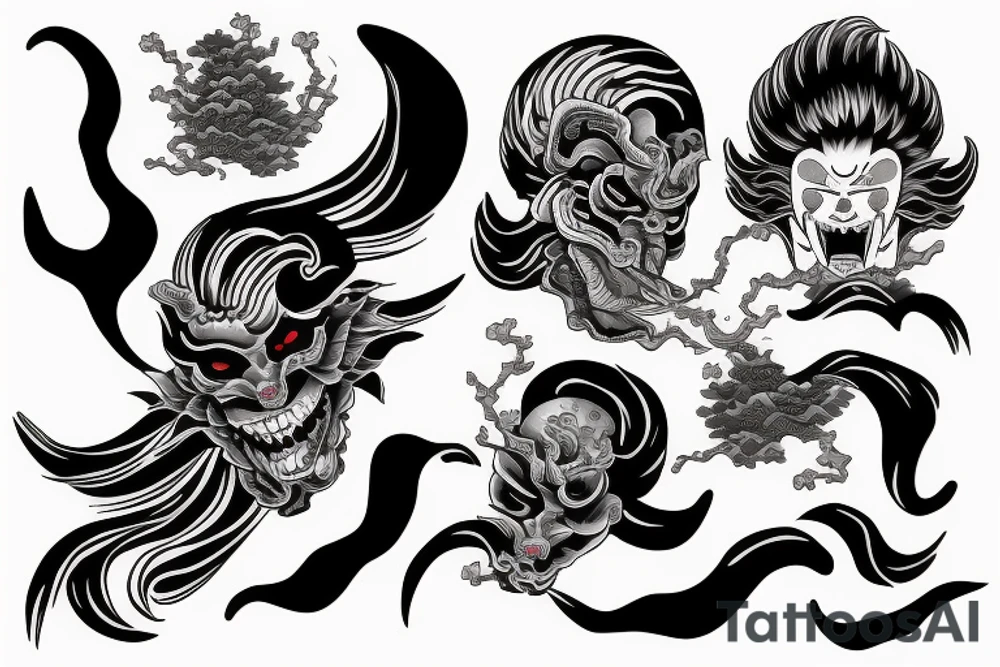 shinigami mask mixed with hokusai waves tattoo idea
