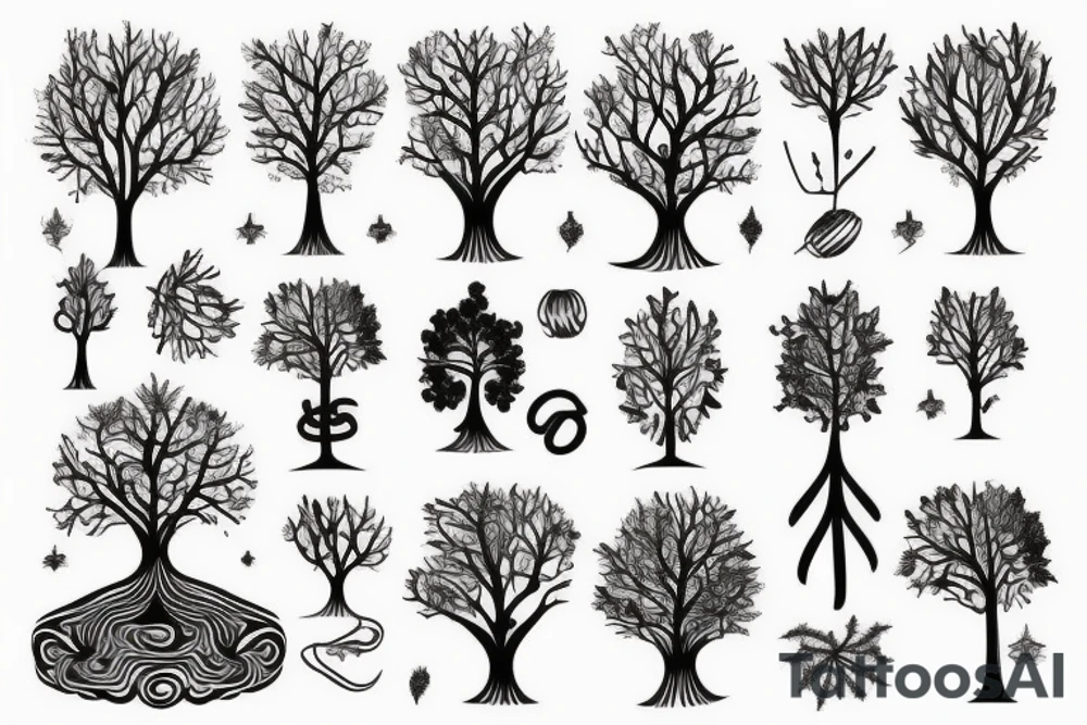 Full arm tattoo, tree starting roots on fingers and ending on the neck. Nordic symbols on fingers. Random objects on the tree hanging like fruits. tattoo idea