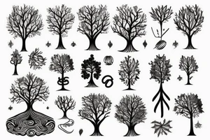 Full arm tattoo, tree starting roots on fingers and ending on the neck. Nordic symbols on fingers. Random objects on the tree hanging like fruits. tattoo idea