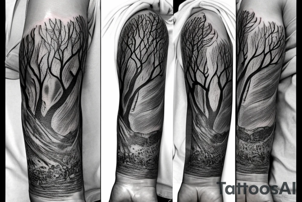 Full arm tattoo, tree starting roots on fingers and ending on the neck. Nordic symbols on fingers. Random objects on the tree hanging like fruits. tattoo idea