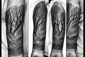 Full arm tattoo, tree starting roots on fingers and ending on the neck. Nordic symbols on fingers. Random objects on the tree hanging like fruits. tattoo idea