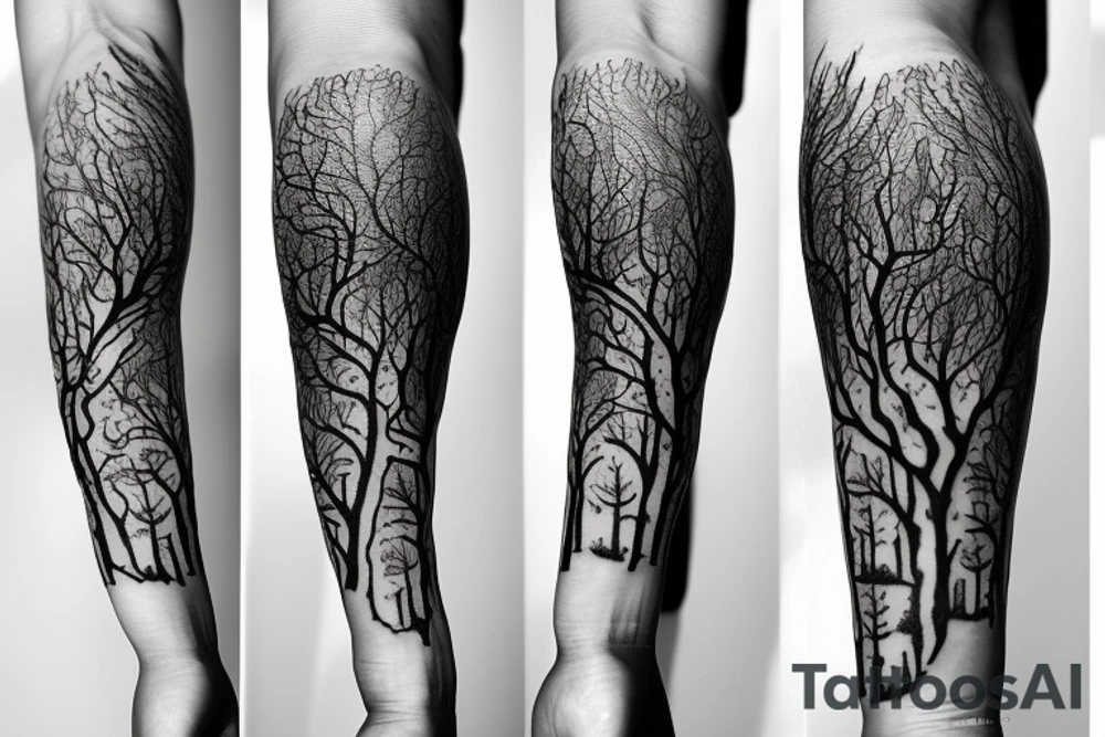 Full arm tattoo, tree starting roots on fingers and ending on the neck. Nordic symbols on fingers. Random objects on the tree hanging like fruits. tattoo idea