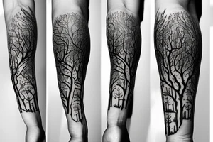 Full arm tattoo, tree starting roots on fingers and ending on the neck. Nordic symbols on fingers. Random objects on the tree hanging like fruits. tattoo idea