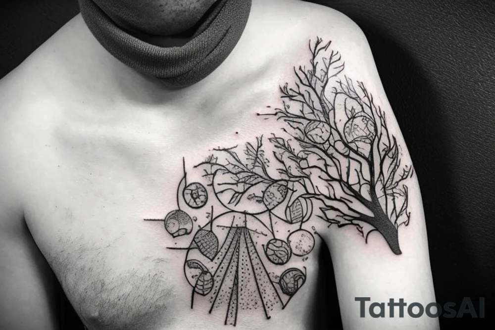 Full arm tattoo, tree starting roots on fingers and ending on the neck. Nordic symbols on fingers. Random objects on the tree hanging like fruits. tattoo idea
