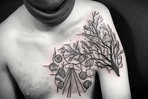 Full arm tattoo, tree starting roots on fingers and ending on the neck. Nordic symbols on fingers. Random objects on the tree hanging like fruits. tattoo idea