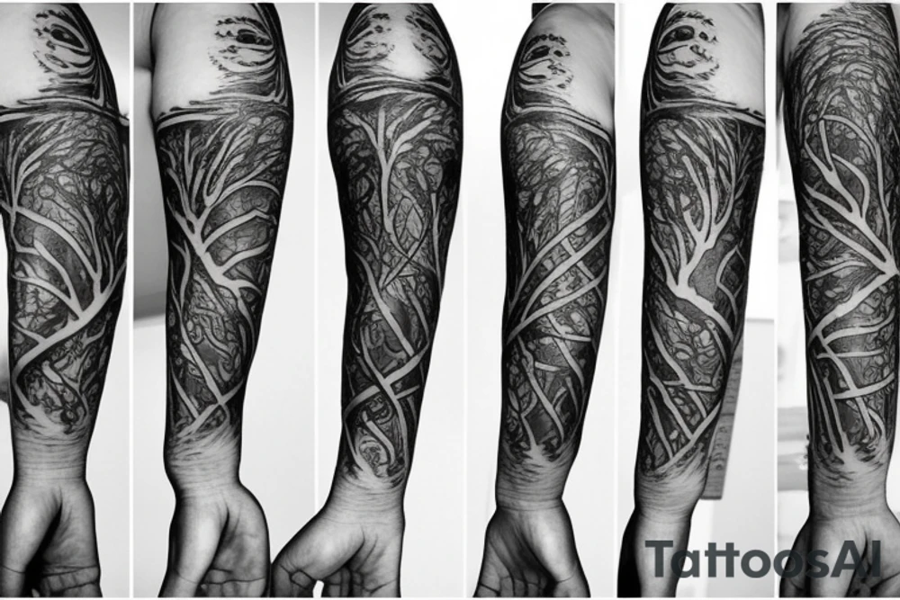 Full arm tattoo, tree starting roots on fingers and ending on the neck. Nordic symbols on fingers. Random objects on the tree hanging like fruits. tattoo idea