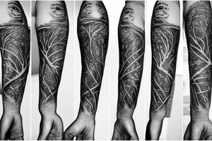 Full arm tattoo, tree starting roots on fingers and ending on the neck. Nordic symbols on fingers. Random objects on the tree hanging like fruits. tattoo idea