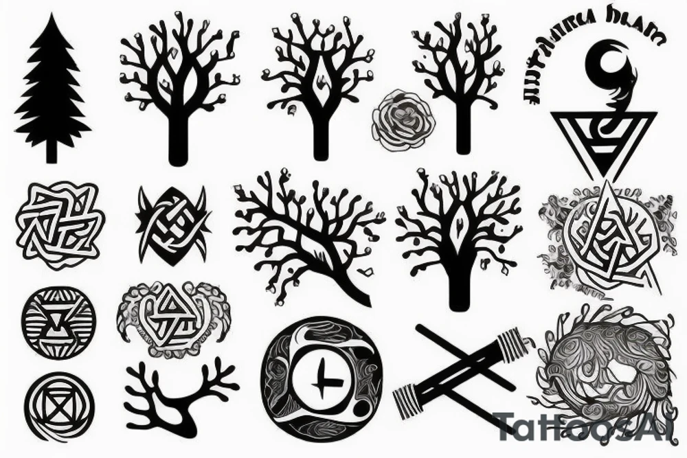 Full arm tattoo, tree starting roots on fingers and ending on the neck. Nordic symbols on fingers. Random objects on the tree hanging like fruits. tattoo idea