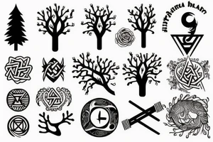 Full arm tattoo, tree starting roots on fingers and ending on the neck. Nordic symbols on fingers. Random objects on the tree hanging like fruits. tattoo idea