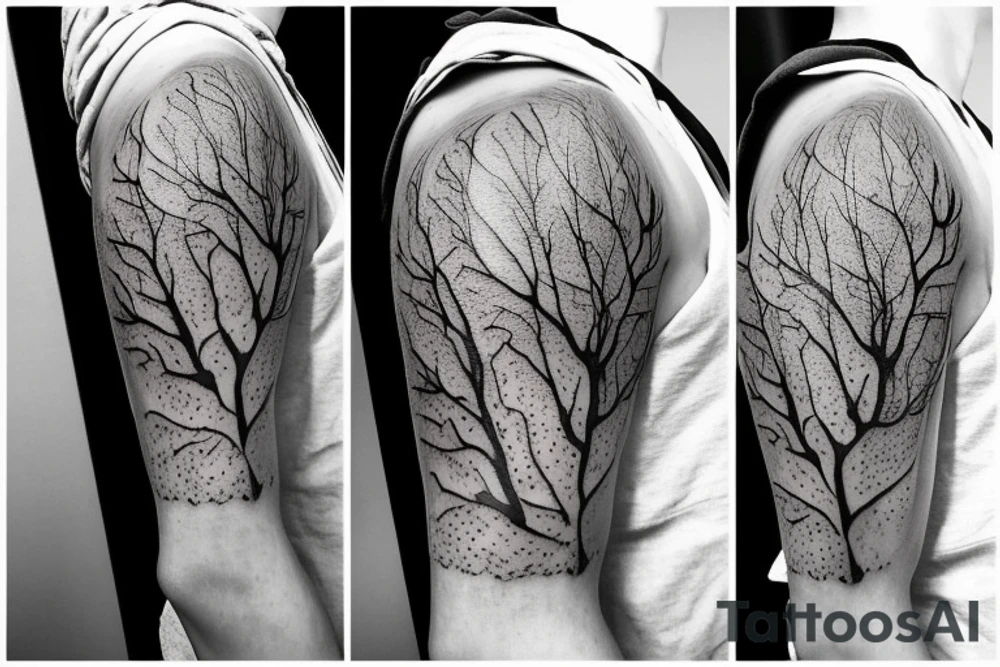 Full arm tattoo, tree starting roots on fingers and ending on the neck. Nordic symbols on fingers. Random objects on the tree hanging like fruits. tattoo idea