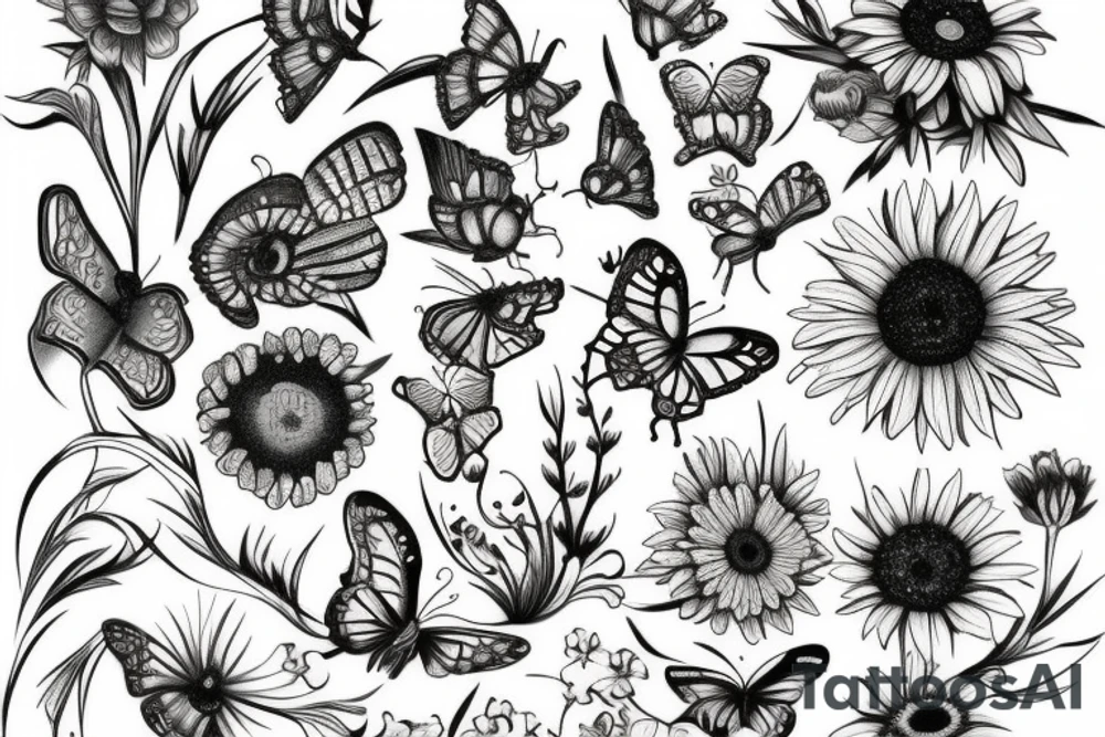 bud with flowers and butterflies tattoo idea