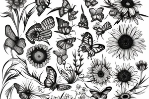 bud with flowers and butterflies tattoo idea