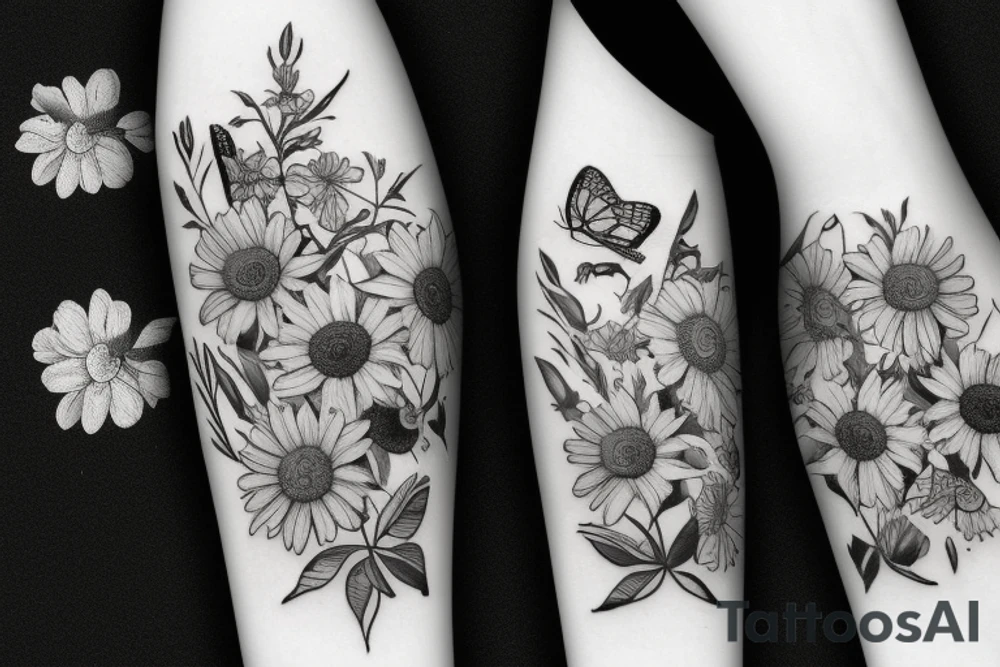 bud with flowers and butterflies tattoo idea