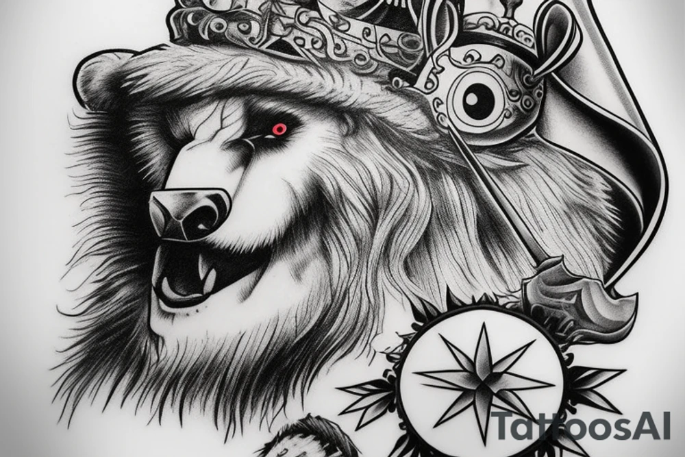 black and white Odin head with one his eye blue wearing a bear hat in American traditional tattoo style tattoo idea