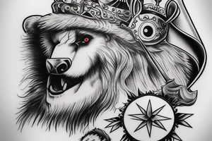 black and white Odin head with one his eye blue wearing a bear hat in American traditional tattoo style tattoo idea