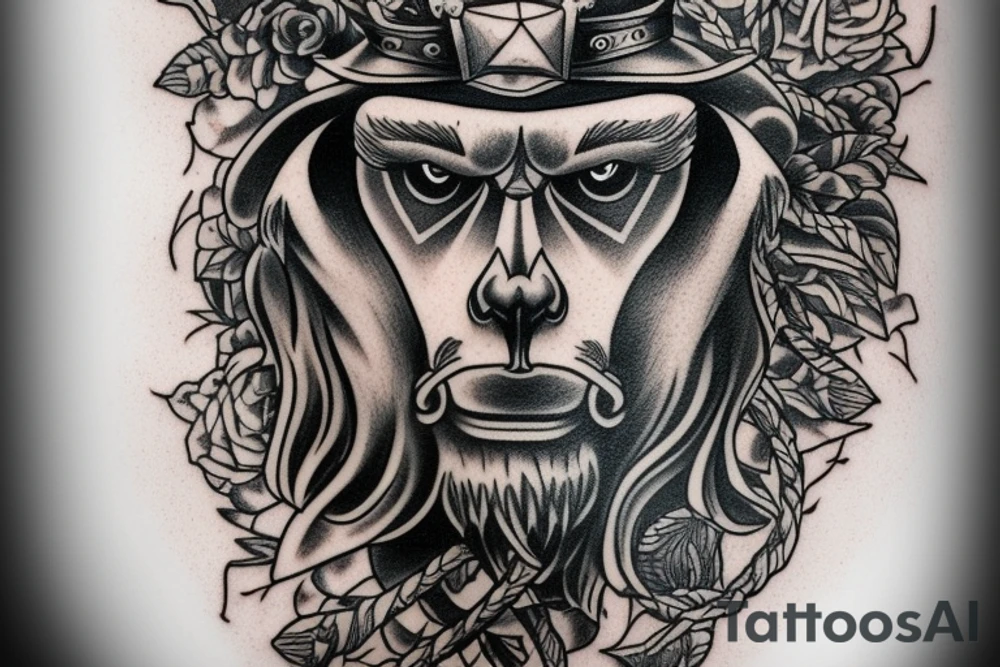 black and white Odin head with one his eye blue wearing a bear hat in American traditional tattoo style tattoo idea