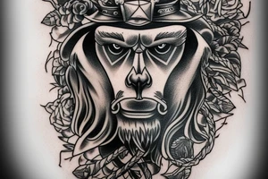black and white Odin head with one his eye blue wearing a bear hat in American traditional tattoo style tattoo idea