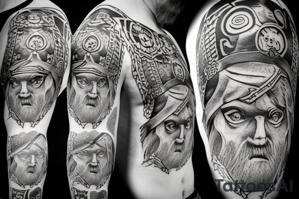 Norse God Odin head with one of his eyes blue and wearing a bear hat in American traditional tattoo style tattoo idea