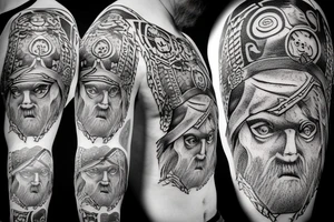 Norse God Odin head with one of his eyes blue and wearing a bear hat in American traditional tattoo style tattoo idea