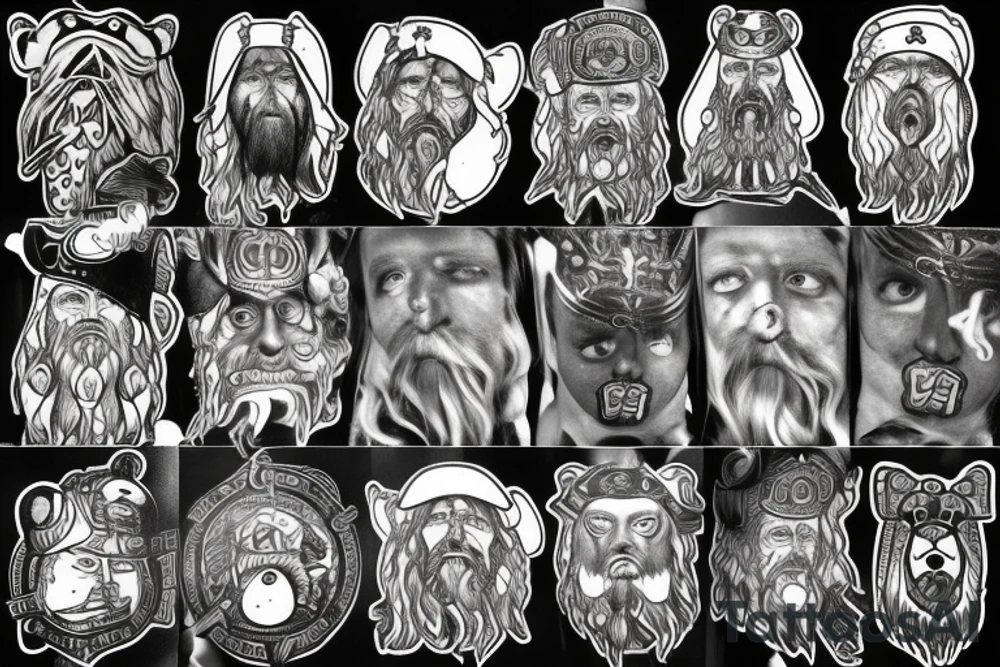 Norse God Odin head with one of his eyes blue and wearing a bear hat in American traditional tattoo style tattoo idea