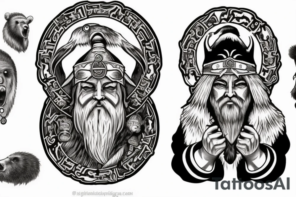 Norse God Odin head with one of his eyes blue and wearing a bear hat in American traditional tattoo style tattoo idea