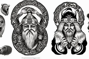 Norse God Odin head with one of his eyes blue and wearing a bear hat in American traditional tattoo style tattoo idea