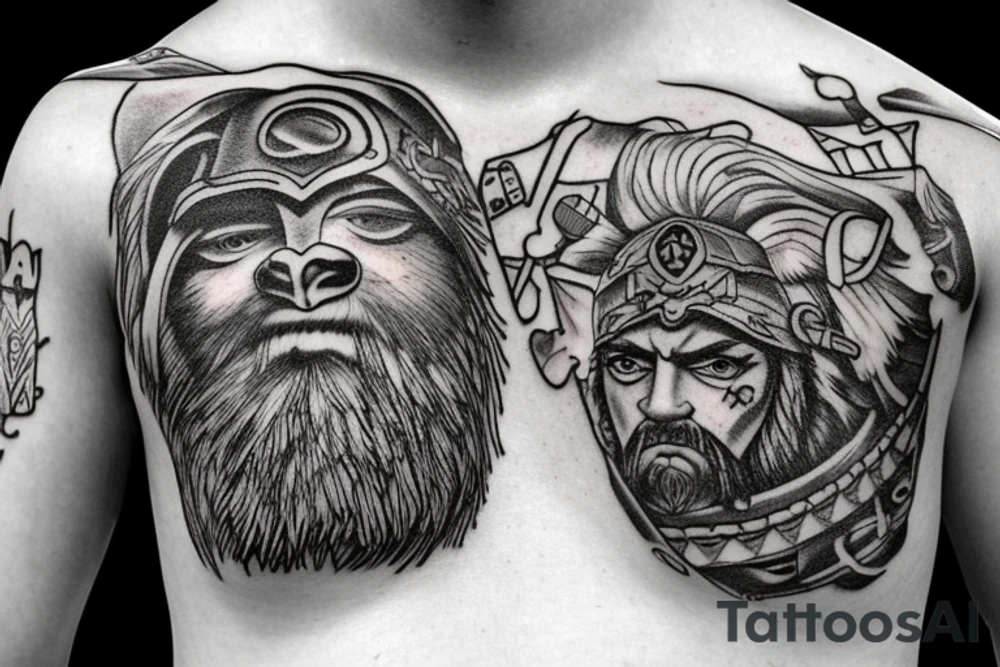 Norse God Odin head with one of his eyes blue and wearing a bear hat in American traditional tattoo style tattoo idea