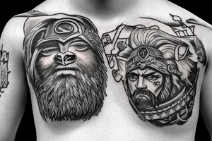 Norse God Odin head with one of his eyes blue and wearing a bear hat in American traditional tattoo style tattoo idea