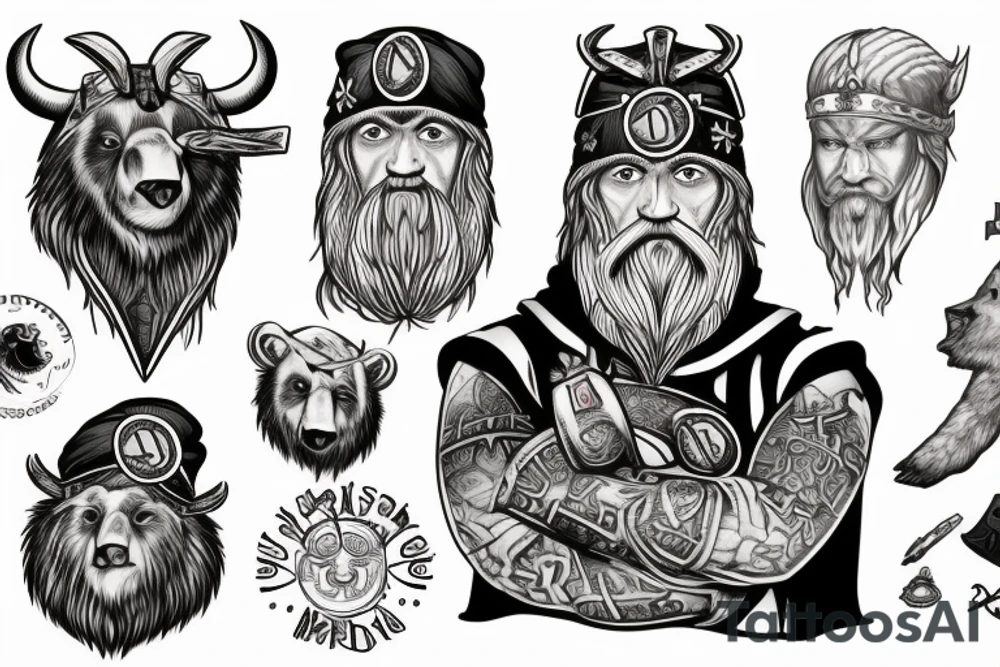 Norse God Odin head with one of his eyes blue and wearing a bear hat in American traditional tattoo style tattoo idea